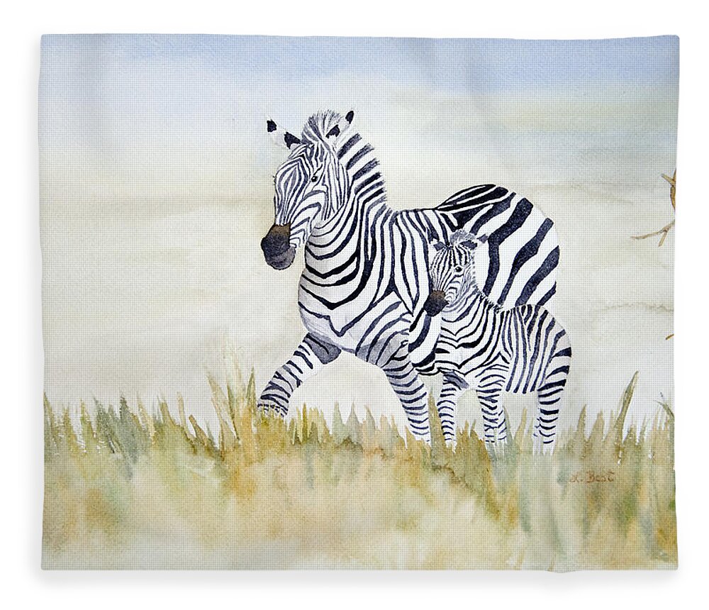Zebra Fleece Blanket featuring the painting Zebra Family by Laurel Best