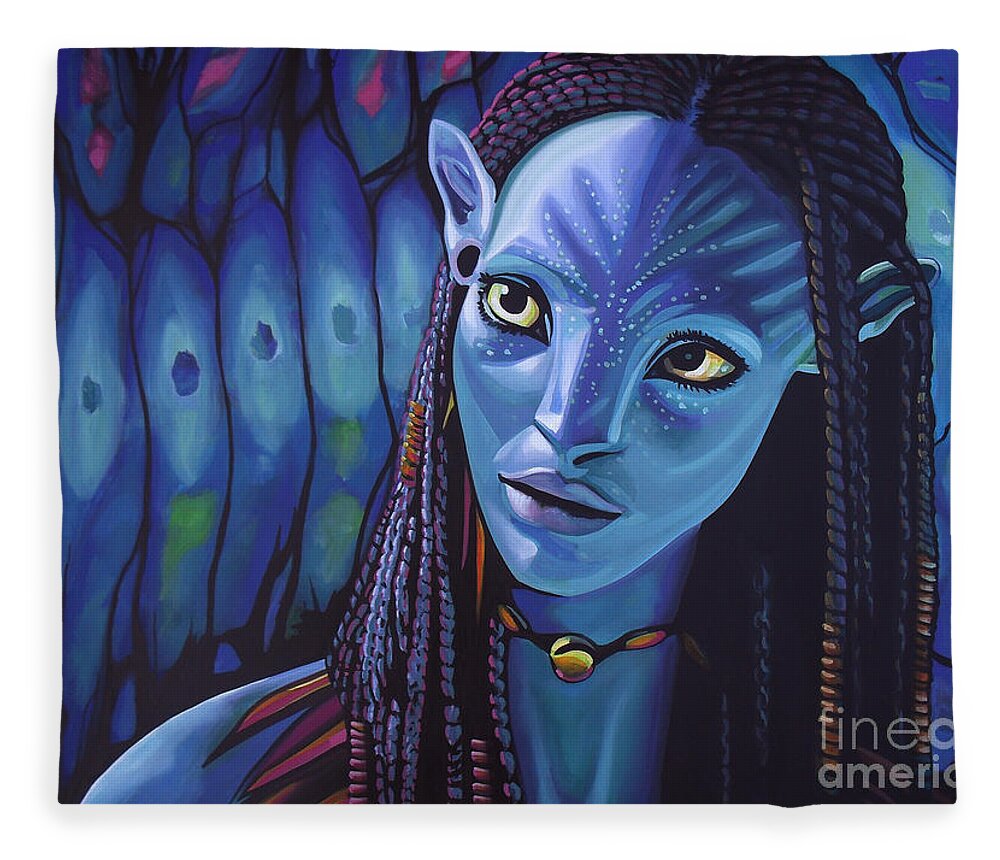 Avatar Fleece Blanket featuring the painting Zoe Saldana as Neytiri in Avatar by Paul Meijering