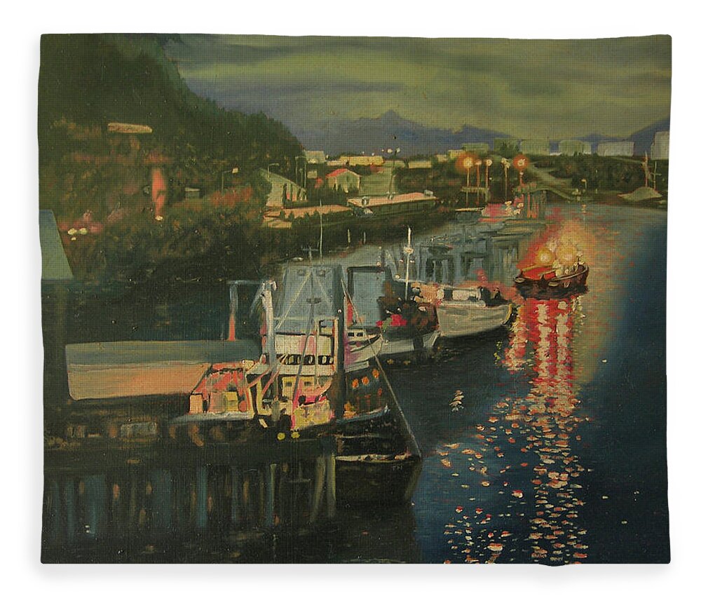 Juneau Alaska Fleece Blanket featuring the painting An Evening in Juneau Alaska by Thu Nguyen