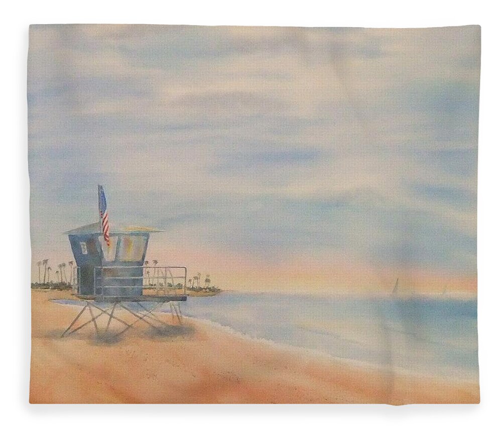 Watercolor Landscape Fleece Blanket featuring the painting Morning by the Beach by Debbie Lewis