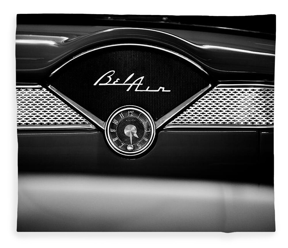 1955 Bel Air Fleece Blanket featuring the photograph 1955 Chevy Bel Air Glow Compartment in Black and White by Sebastian Musial