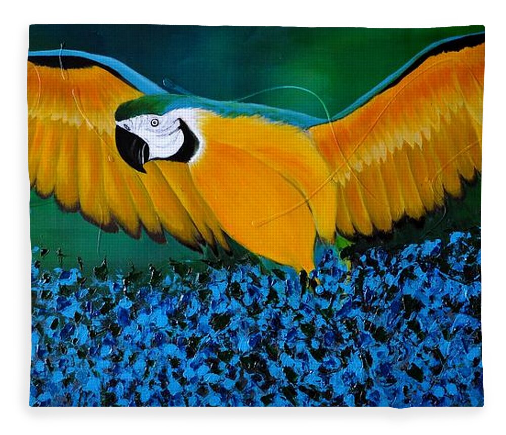 Macaw Fleece Blanket featuring the painting Macaw On The Rise by Preethi Mathialagan