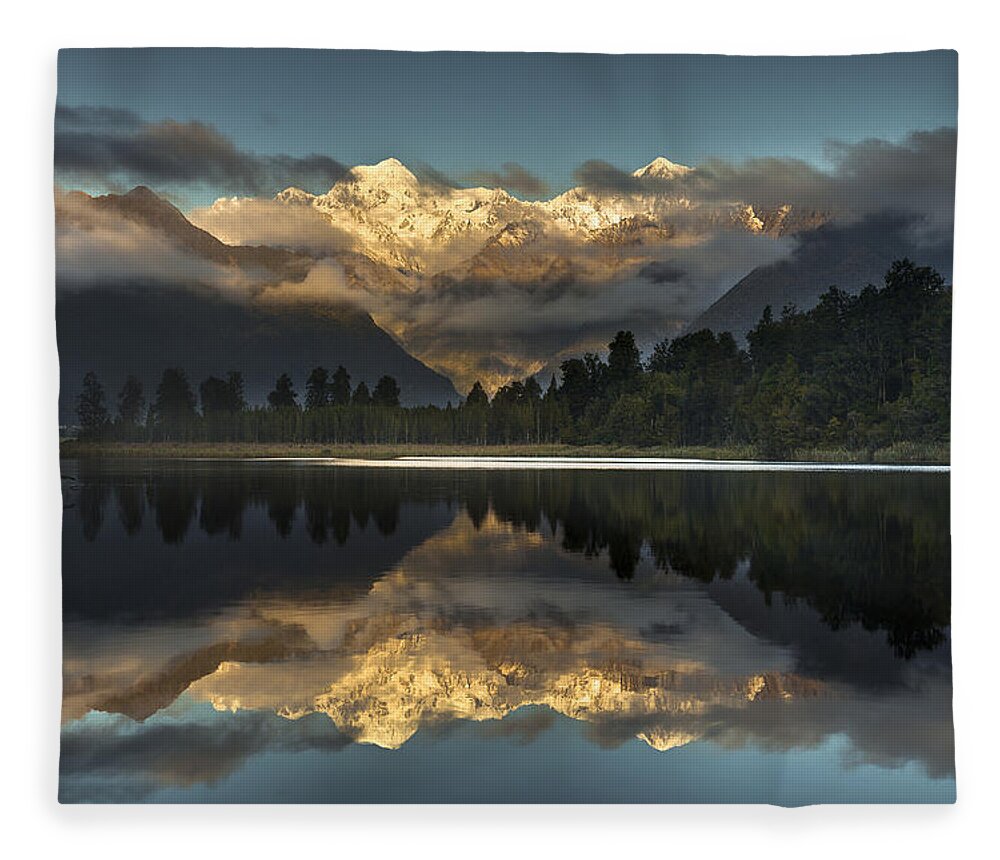 00462451 Fleece Blanket featuring the photograph Sunset Reflection Of Lake Matheson #2 by Colin Monteath