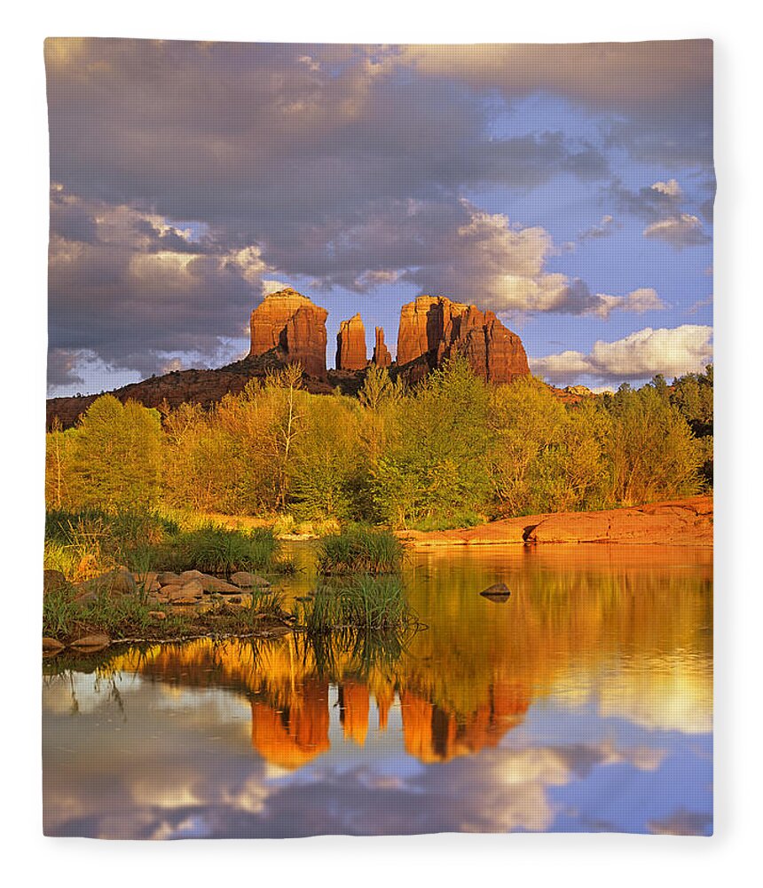 00175721 Fleece Blanket featuring the photograph Cathedral Rock Reflected In Oak Creek #3 by Tim Fitzharris