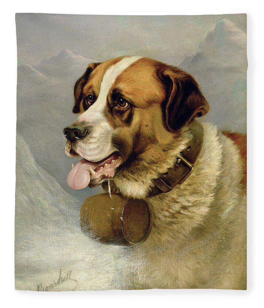 Cask; Dog; Alps Fleece Blanket featuring the painting A Portrait of a St. Bernard by James E Bourhill