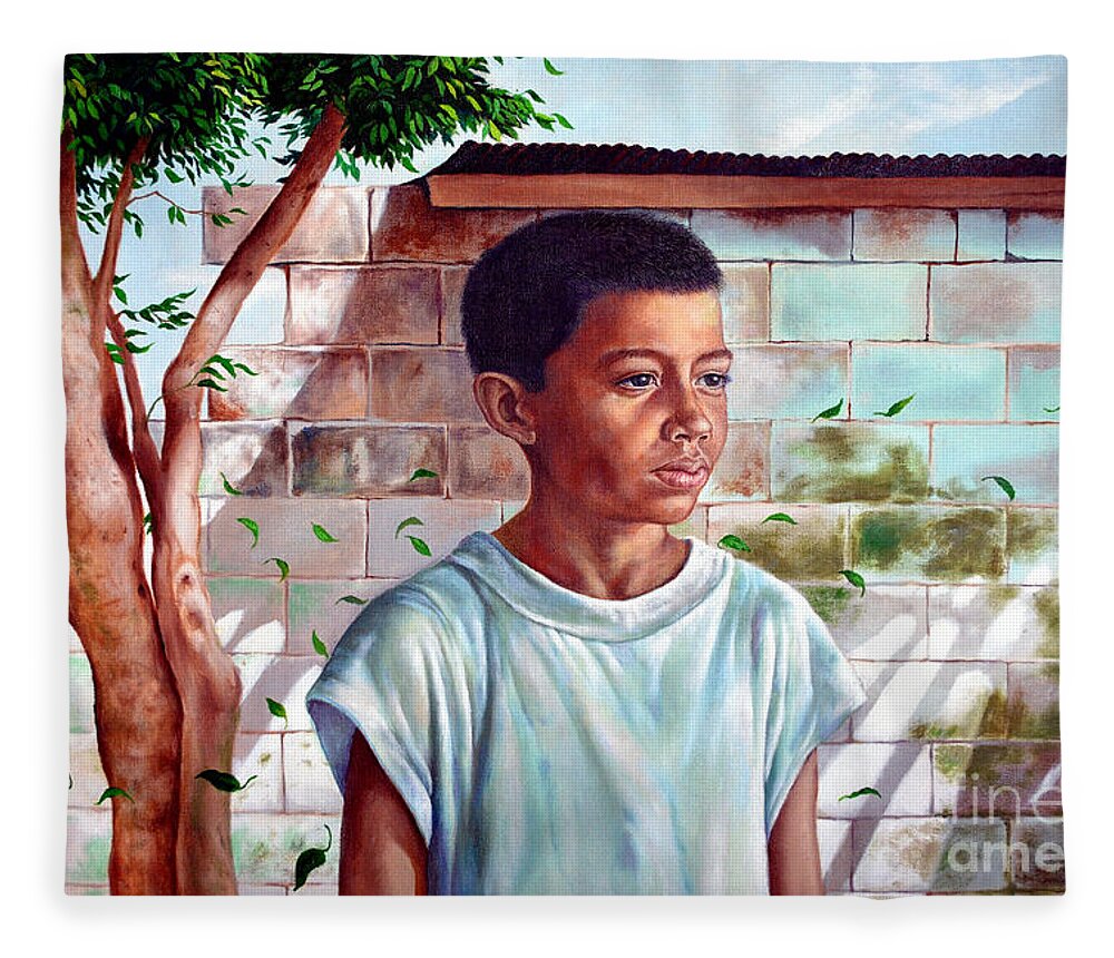 Bata Fleece Blanket featuring the painting Bata the Filipino Child by Christopher Shellhammer