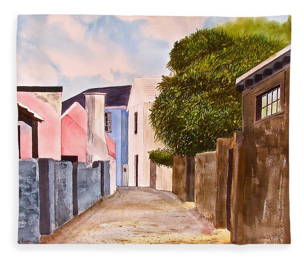 Bermuda Fleece Blanket featuring the painting Bermuda Alley by Frank SantAgata