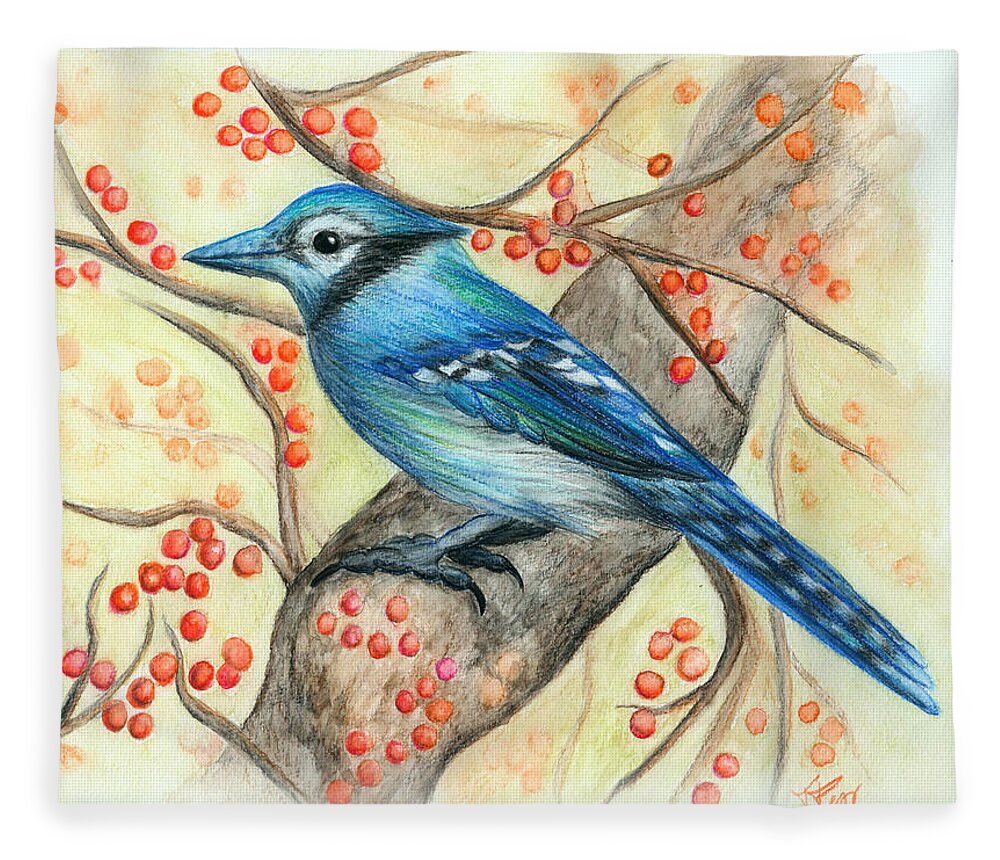 Bird Fleece Blanket featuring the drawing Blue Jay with berries by Tatiana Fess