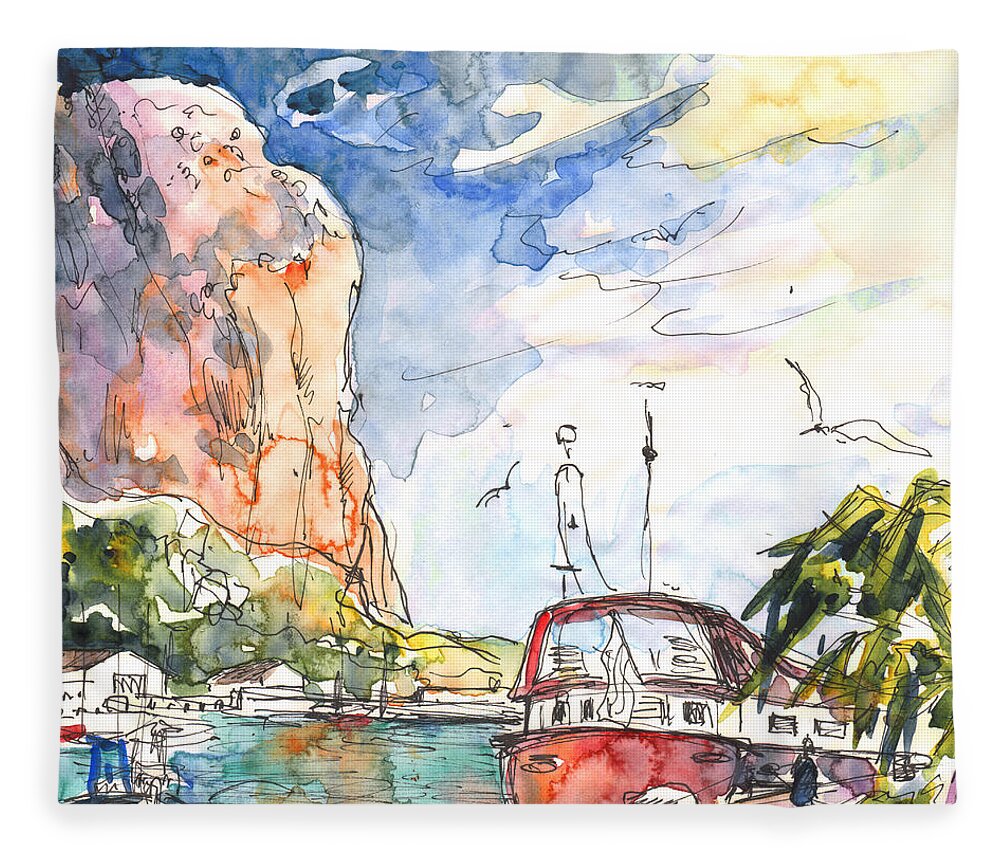 Travel Fleece Blanket featuring the painting Calpe Harbour 04 by Miki De Goodaboom