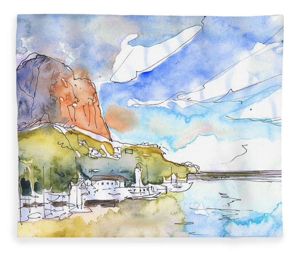 Travel Fleece Blanket featuring the painting Calpe Harbour 06 by Miki De Goodaboom