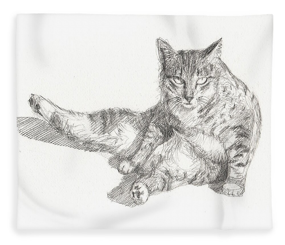 Cat Sitting Fleece Blanket featuring the drawing Cat Sitting by Kazumi Whitemoon