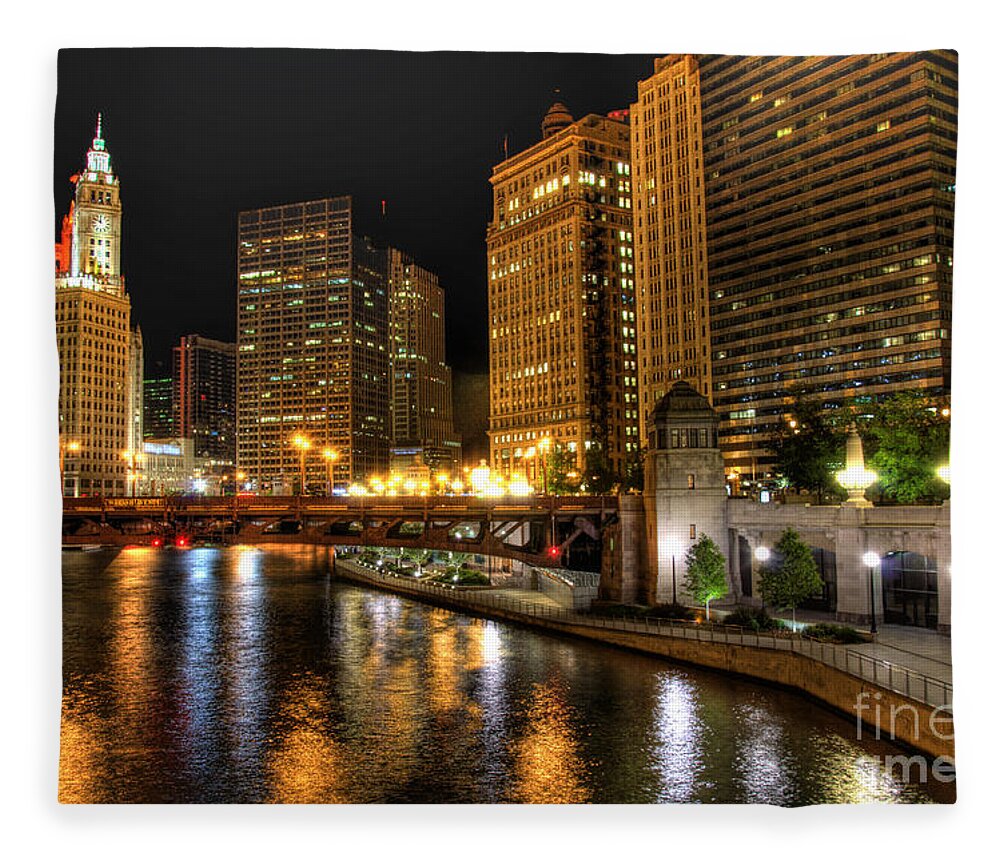 Wrigley Tower Fleece Blanket featuring the photograph Chiacgo downtown at night by Dejan Jovanovic
