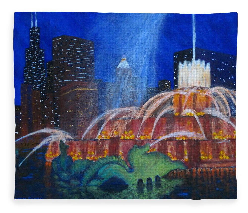 Chicago Painting Fleece Blanket featuring the painting Chicago's Buckingham Fountain by J Loren Reedy