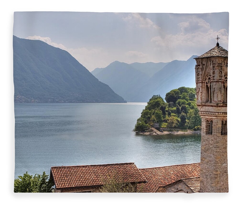 Travel Europe Fleece Blanket featuring the photograph church at the Lake Como by Joana Kruse