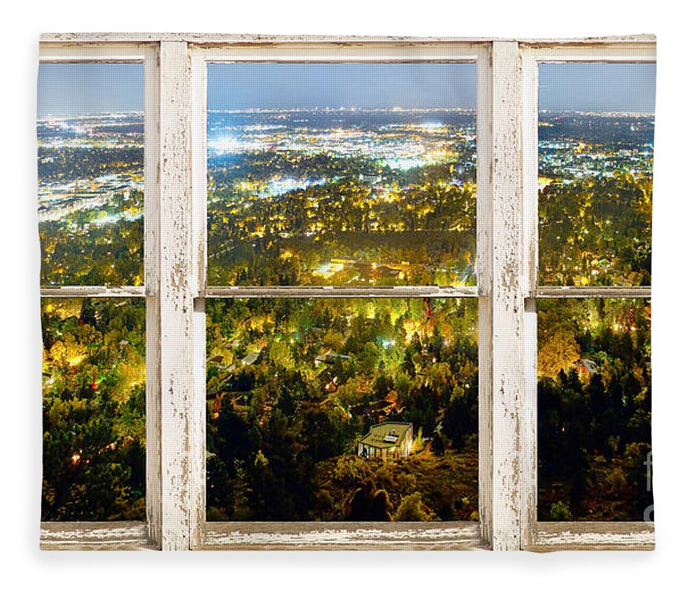 'window Frame Art' Fleece Blanket featuring the photograph City Lights White Rustic Picture Window Frame Photo Art View by James BO Insogna