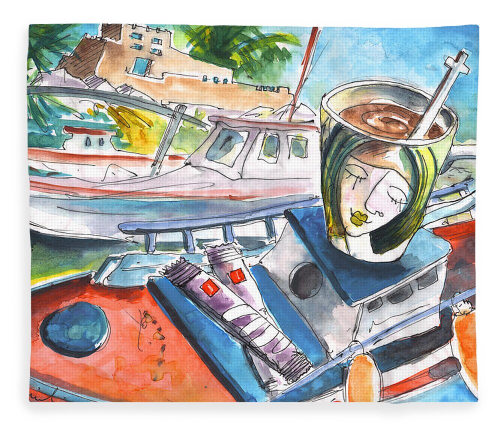 Travel Art Fleece Blanket featuring the painting Coffee Break in Sitia in Crete by Miki De Goodaboom