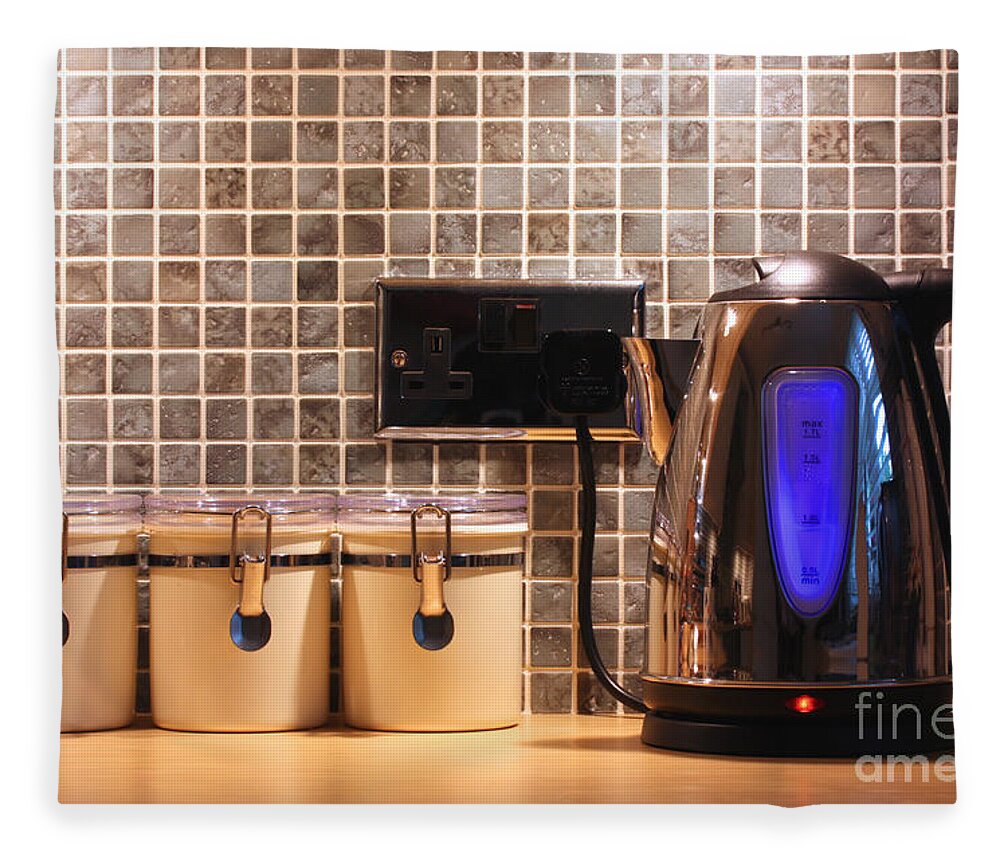 Kitchen Fleece Blanket featuring the photograph Electric kettle and cup by Simon Bratt