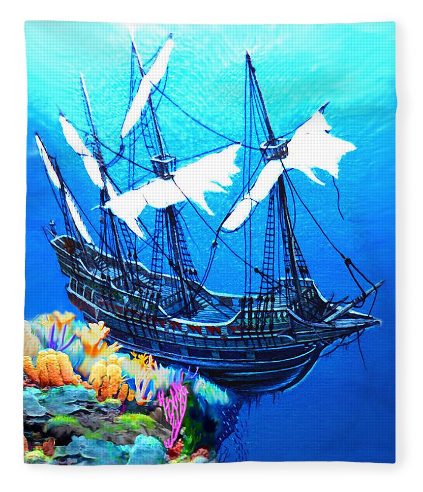 Duane Mccullough Fleece Blanket featuring the painting Galleon on the Cliff filtered by Duane McCullough