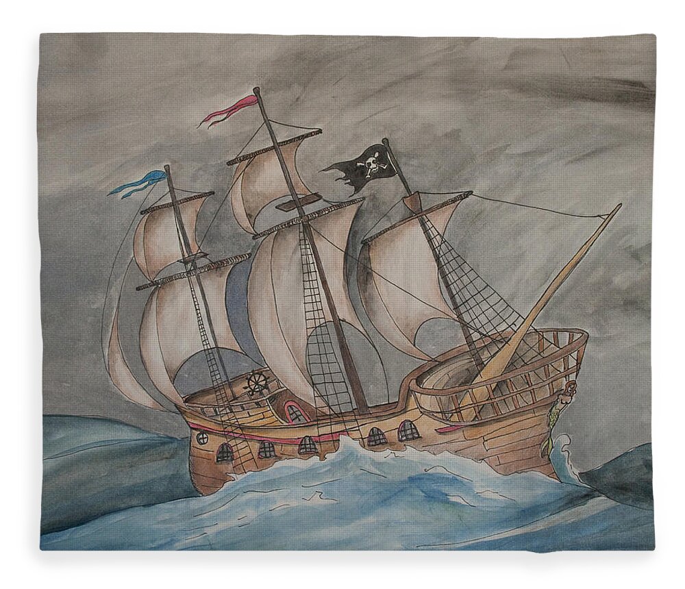 Pirate Fleece Blanket featuring the painting Ghost Pirate Ship by Jaime Haney