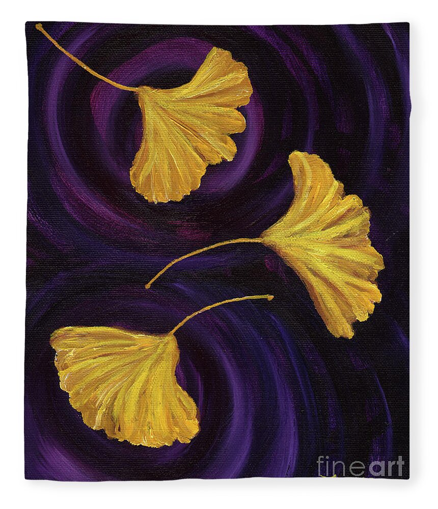 Japanese Fleece Blanket featuring the painting Ginkgo Leaves in Swirling Water by Laura Iverson