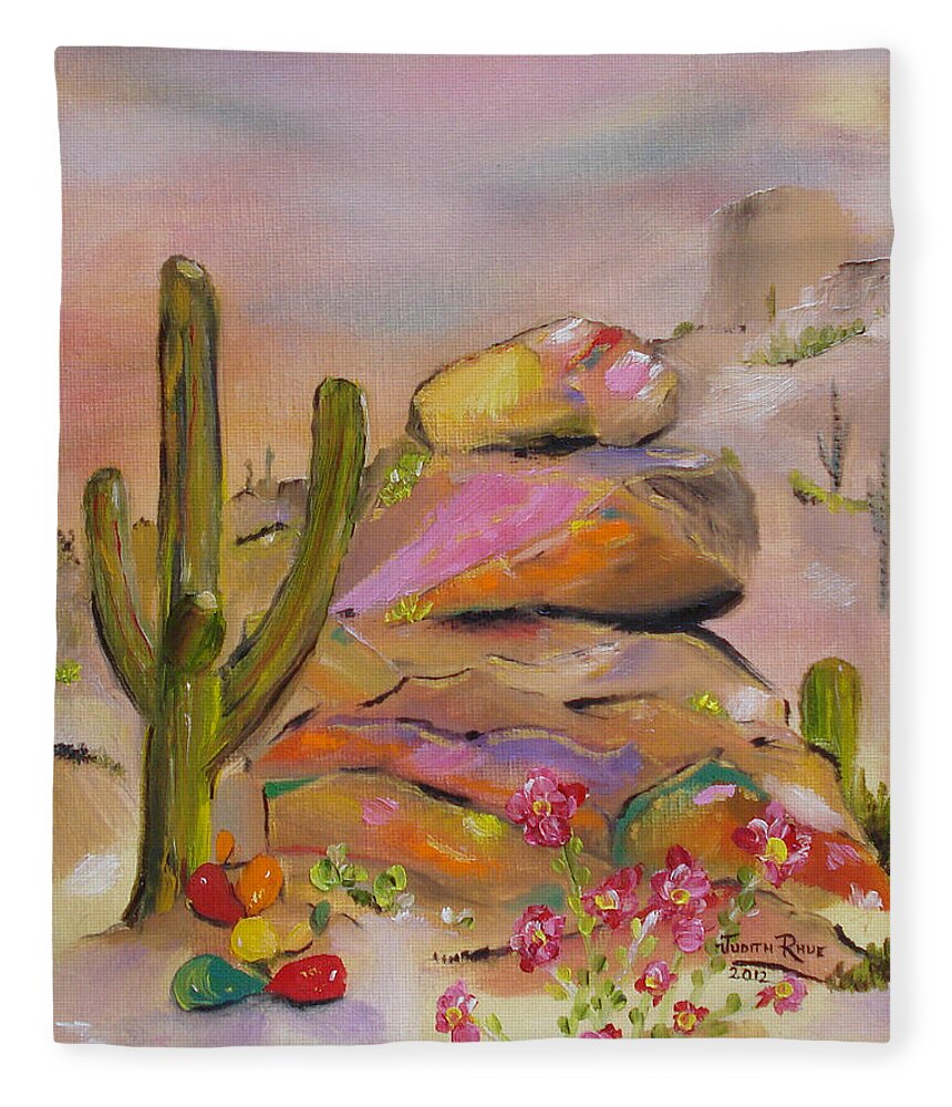 Southwestern Fleece Blanket featuring the painting Gold-lined Rocks by Judith Rhue