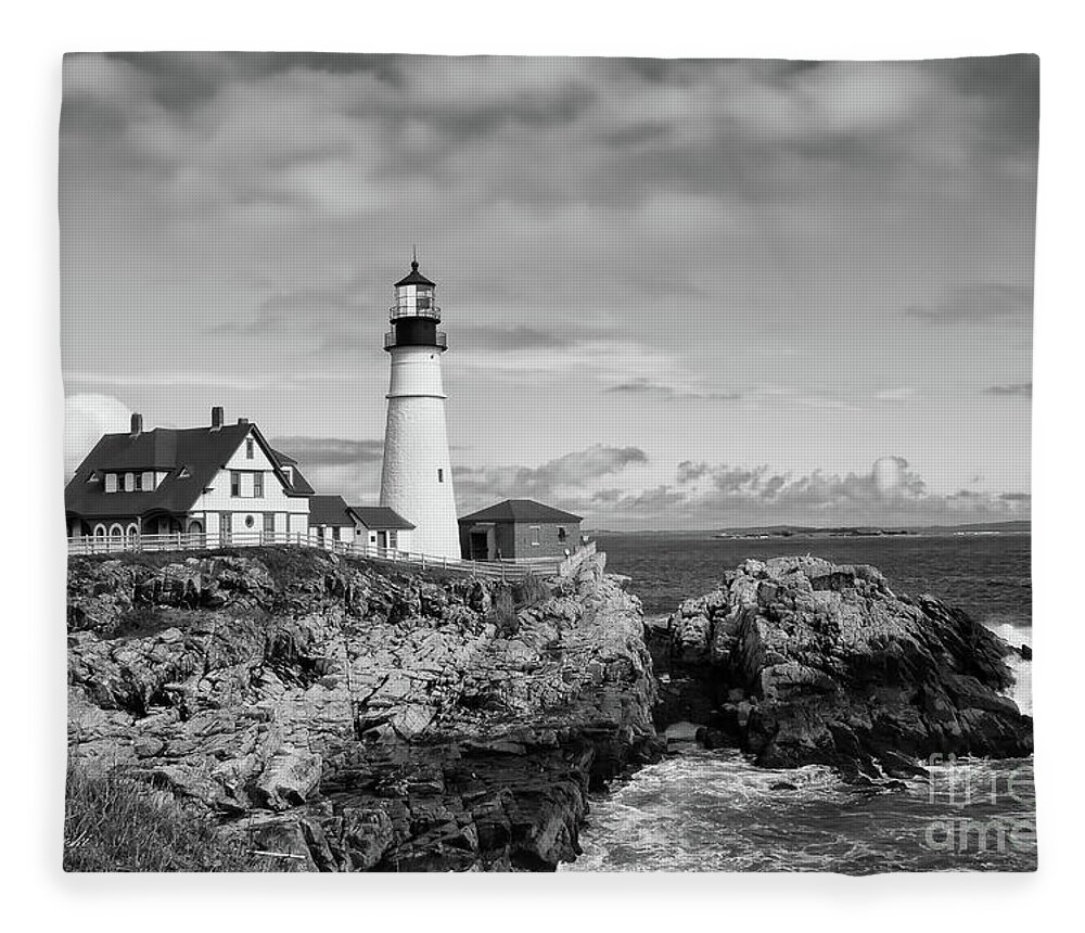 Lighthouse Fleece Blanket featuring the photograph Guarding Ship Safety bw by Sue Karski