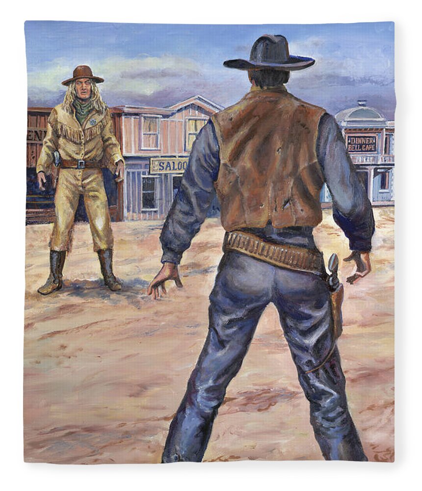 Gunslingers Fleece Blanket featuring the painting Gunslingers by Page Holland