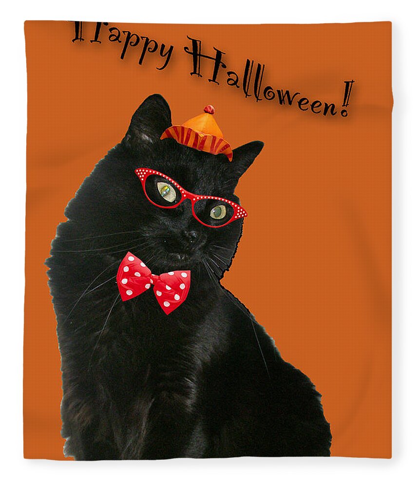 Halloween Fleece Blanket featuring the photograph Halloween Card - Black Cat Ready to Party by Carol Senske