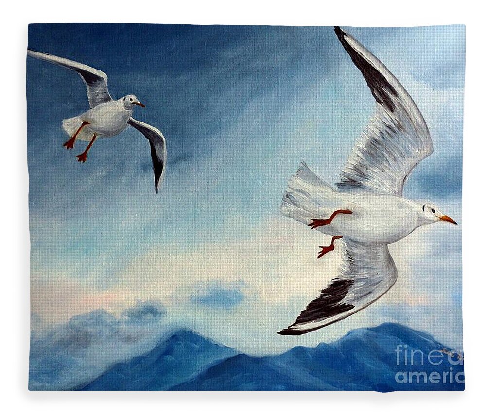 Seagulls Fleece Blanket featuring the painting In Flight by Julie Brugh Riffey