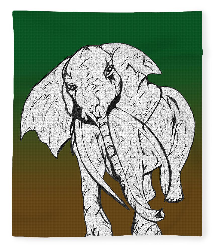 Abstract Fleece Blanket featuring the drawing Inked Elephant in Green and Brown by Mary Mikawoz