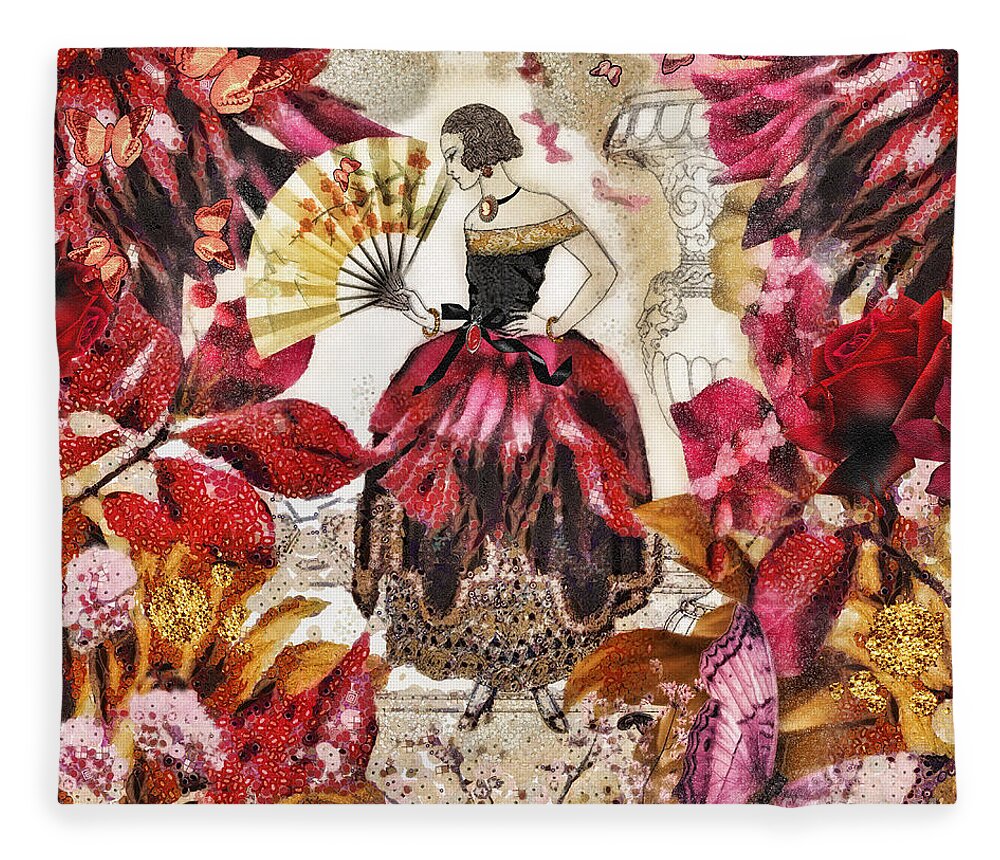 Jardin Des Papillons Fleece Blanket featuring the mixed media Jardin des Papillons by Mo T