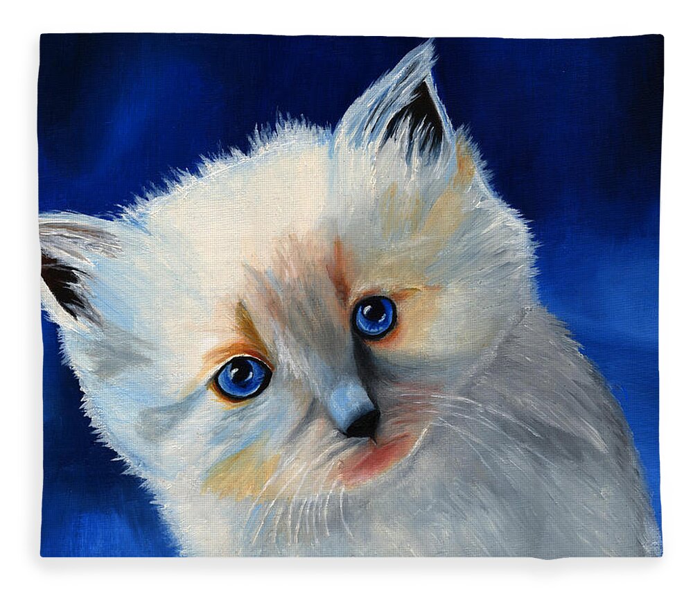 Kitten Fleece Blanket featuring the painting Kitten in Blue by Vic Ritchey