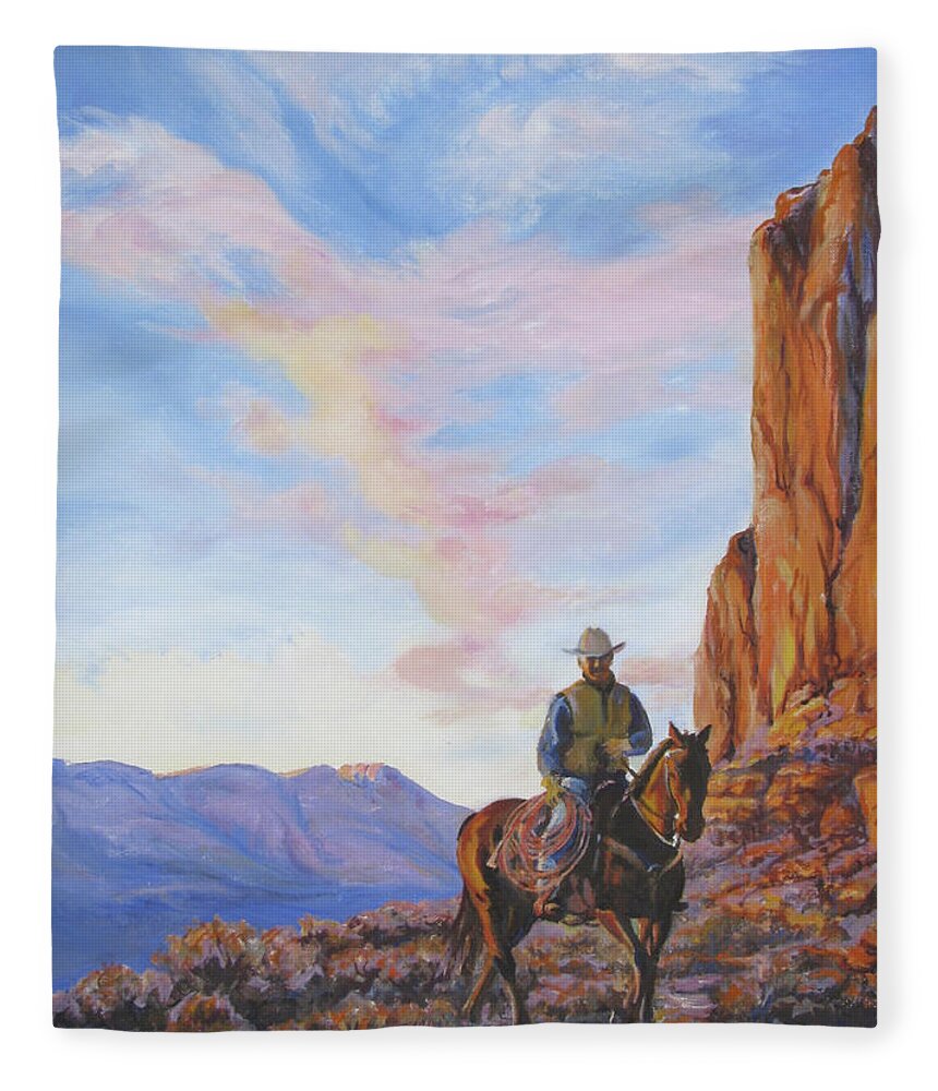 Rider Fleece Blanket featuring the painting Last Light With a Mile to Go by Page Holland