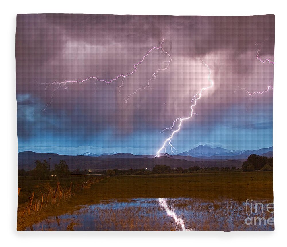 Lightning Fleece Blanket featuring the photograph Lightning Striking Longs Peak Foothills 2 by James BO Insogna