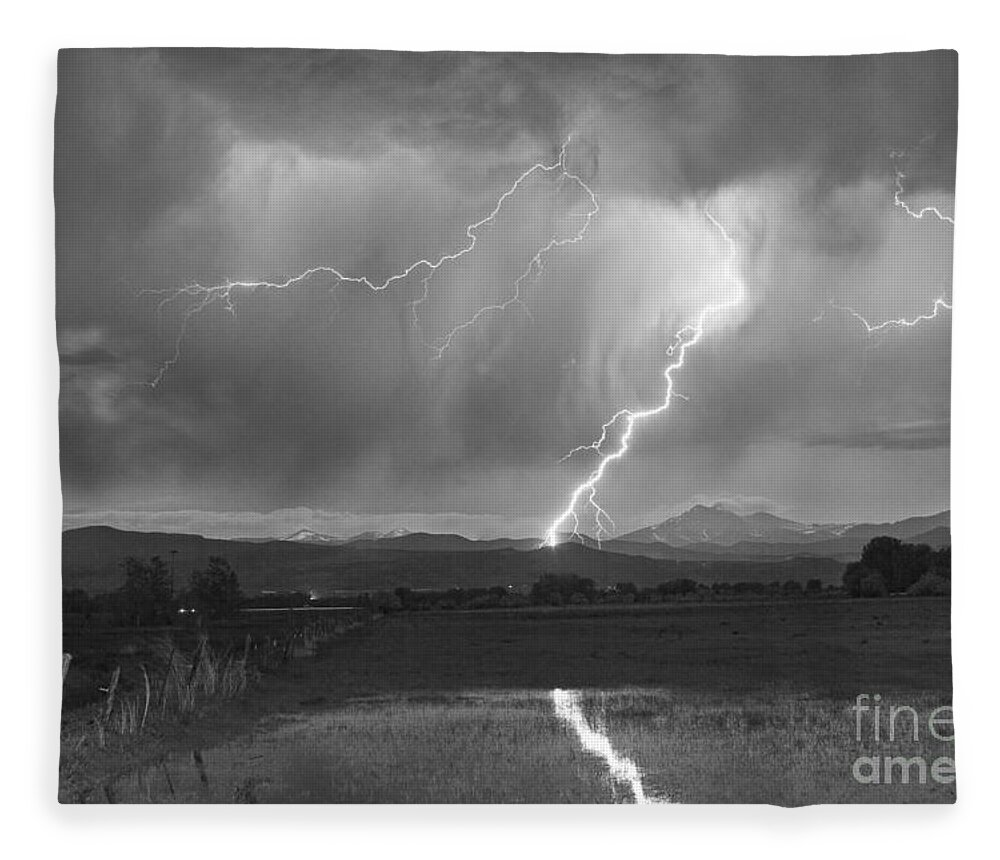 Awesome Fleece Blanket featuring the photograph Lightning Striking Longs Peak Foothills 2BW by James BO Insogna