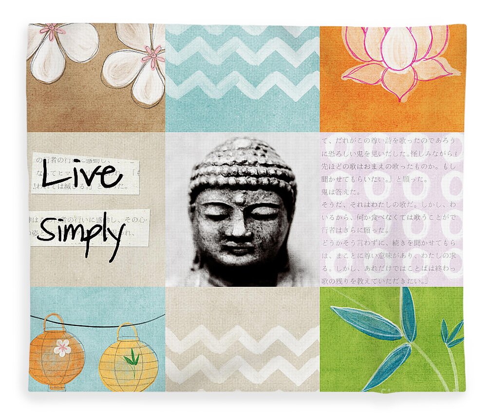 Buddha Fleece Blanket featuring the mixed media Live Simply by Linda Woods