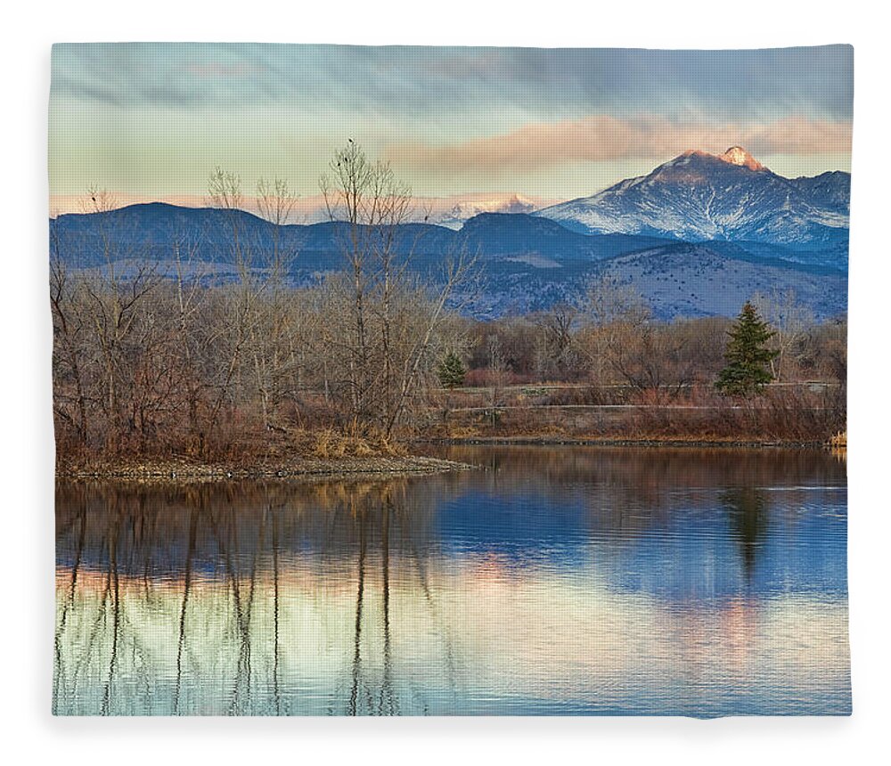 'twin Peaks' Colorado Fleece Blanket featuring the photograph Longs Peak from Golden Ponds by James BO Insogna