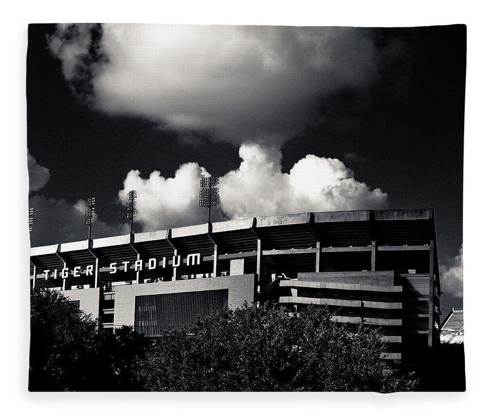 Lsu Fleece Blanket featuring the photograph LSU Tiger Stadium Black and White by Maggy Marsh