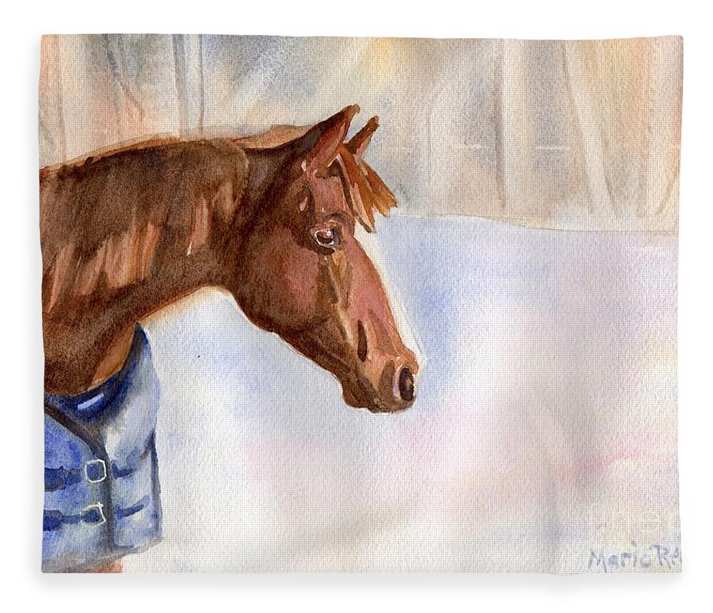 Horse Chestnut Winter Morgan Equine Farm Field Landscape Snow Brown White Blue Country Fleece Blanket featuring the painting Morgan by Maria Reichert