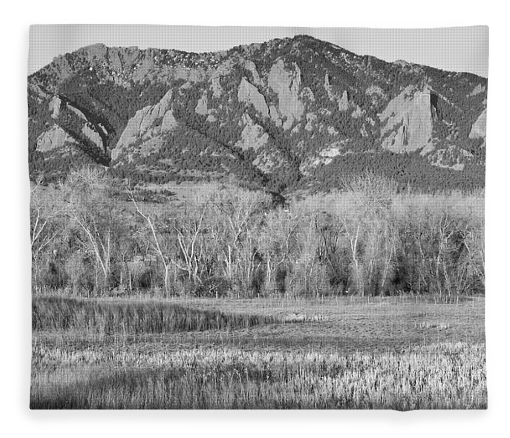 'flatiron' Fleece Blanket featuring the photograph NCAR and Flatiron View Boulder Colorado BW by James BO Insogna