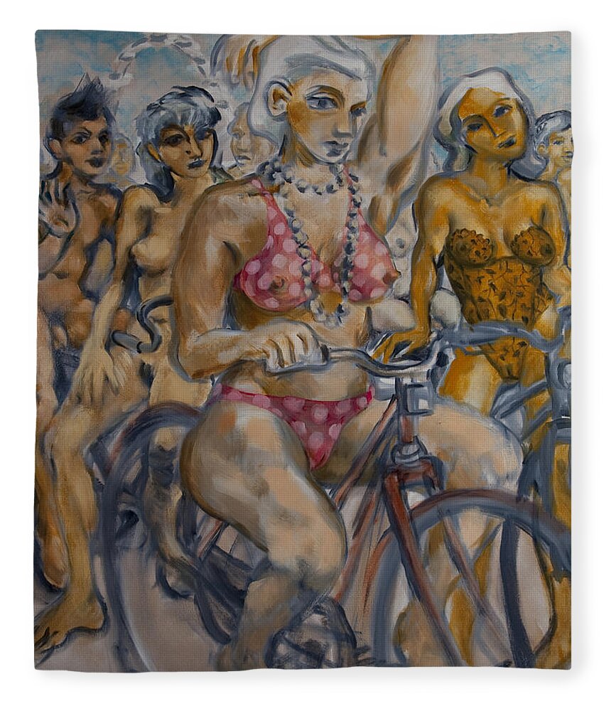 Nudes Fleece Blanket featuring the painting Painted ladies on the naked bike ride take a break in view of the London Eye by Peregrine Roskilly