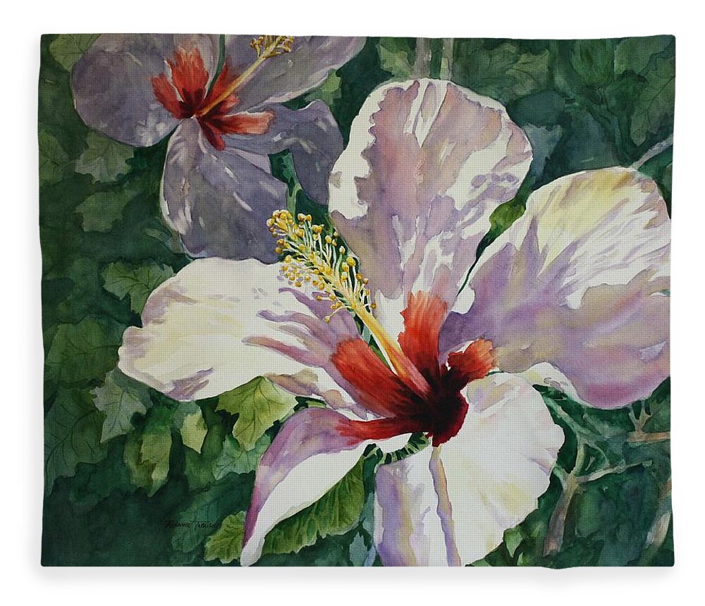 White Hibiscus Fleece Blanket featuring the painting Radiant Light - Hibiscus by Roxanne Tobaison
