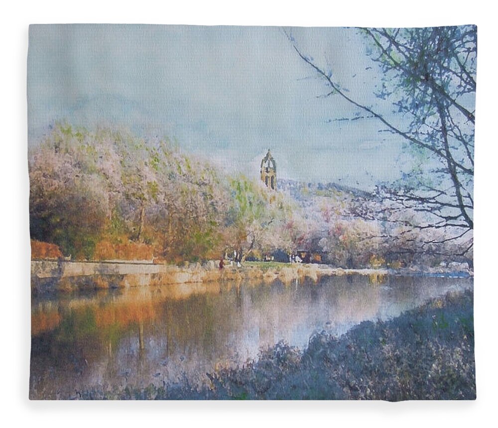 River Tweed Fleece Blanket featuring the painting River walk reflections Peebles by Richard James Digance