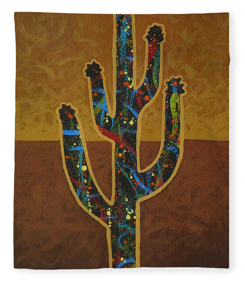 Cactus Fleece Blanket featuring the painting Saguaro Gold by Lance Headlee