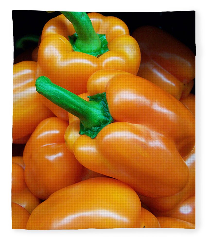 Orange Fleece Blanket featuring the photograph Screaming Orange Bell Peppers by Kathy Clark