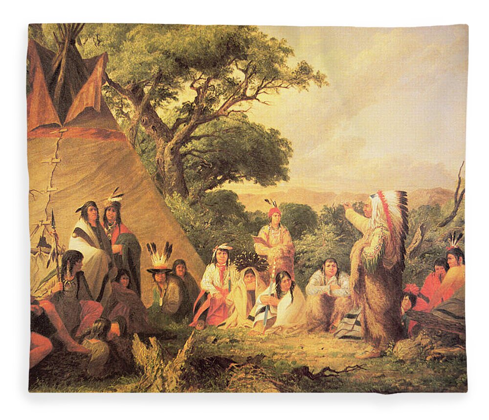 Native American Indian; Indians; Sioux Camp; Tepee; Teepee; Wigwam; Traditional Dress; Traditional Costume; Feathered Headdress; Chief; Seated; Circle; Speaking; Settlement; Dwelling; Community; Tribe; Tribal; Meeting Fleece Blanket featuring the painting Sioux Indian Council by Captain Seth Eastman