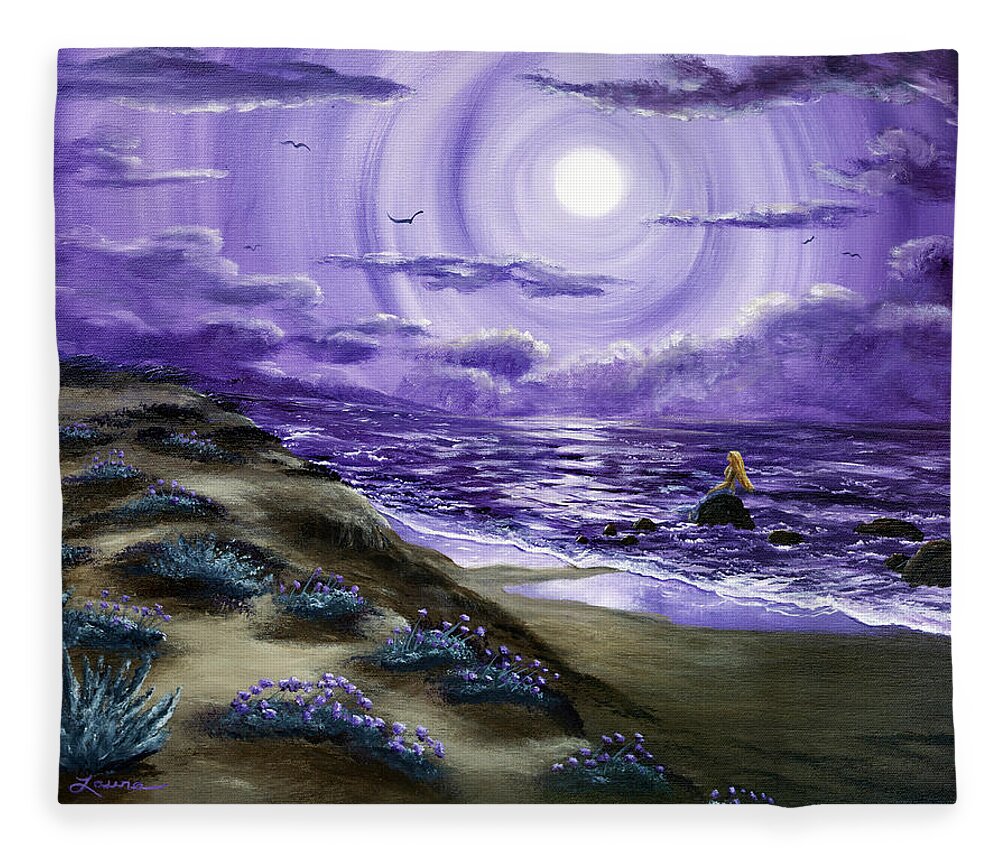 Seascape Fleece Blanket featuring the painting Spying a Mermaid from Flowering Sand Dunes by Laura Iverson