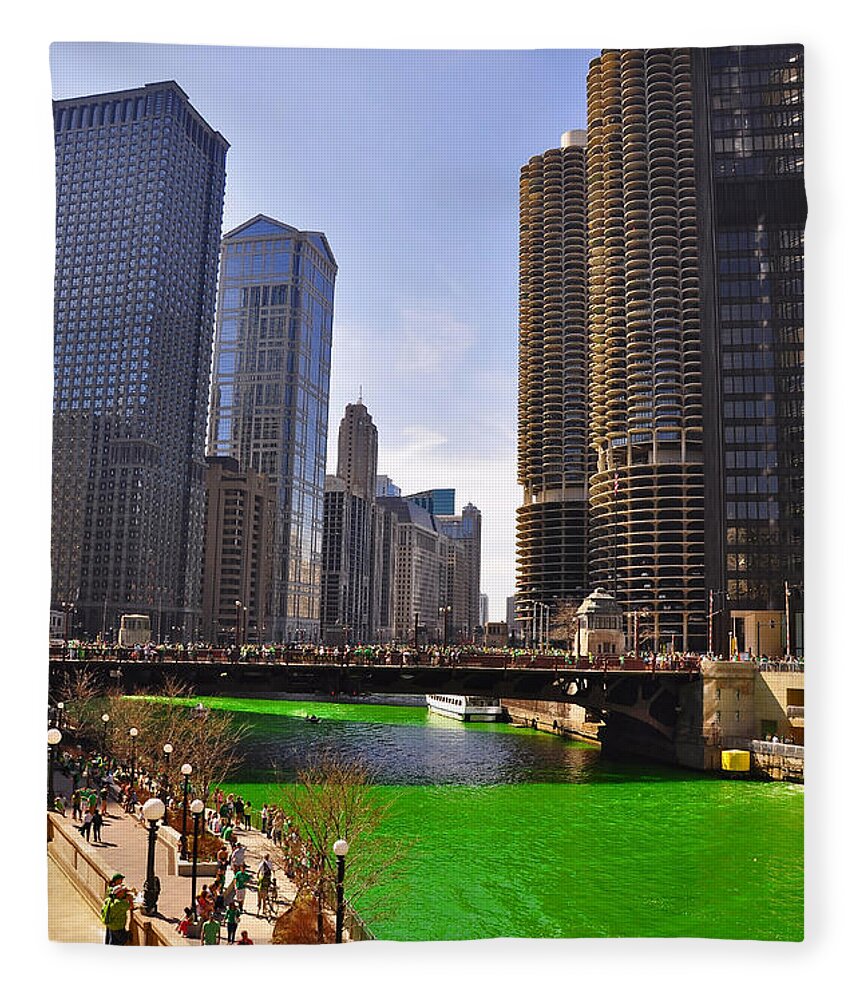 Wrigley Tower Chicago Fleece Blanket featuring the photograph St Patrick's Day Chicago by Dejan Jovanovic
