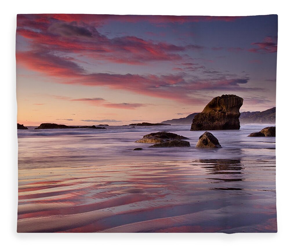 00439770 Fleece Blanket featuring the photograph Sunset On Beach North Of Punakaiki by Colin Monteath