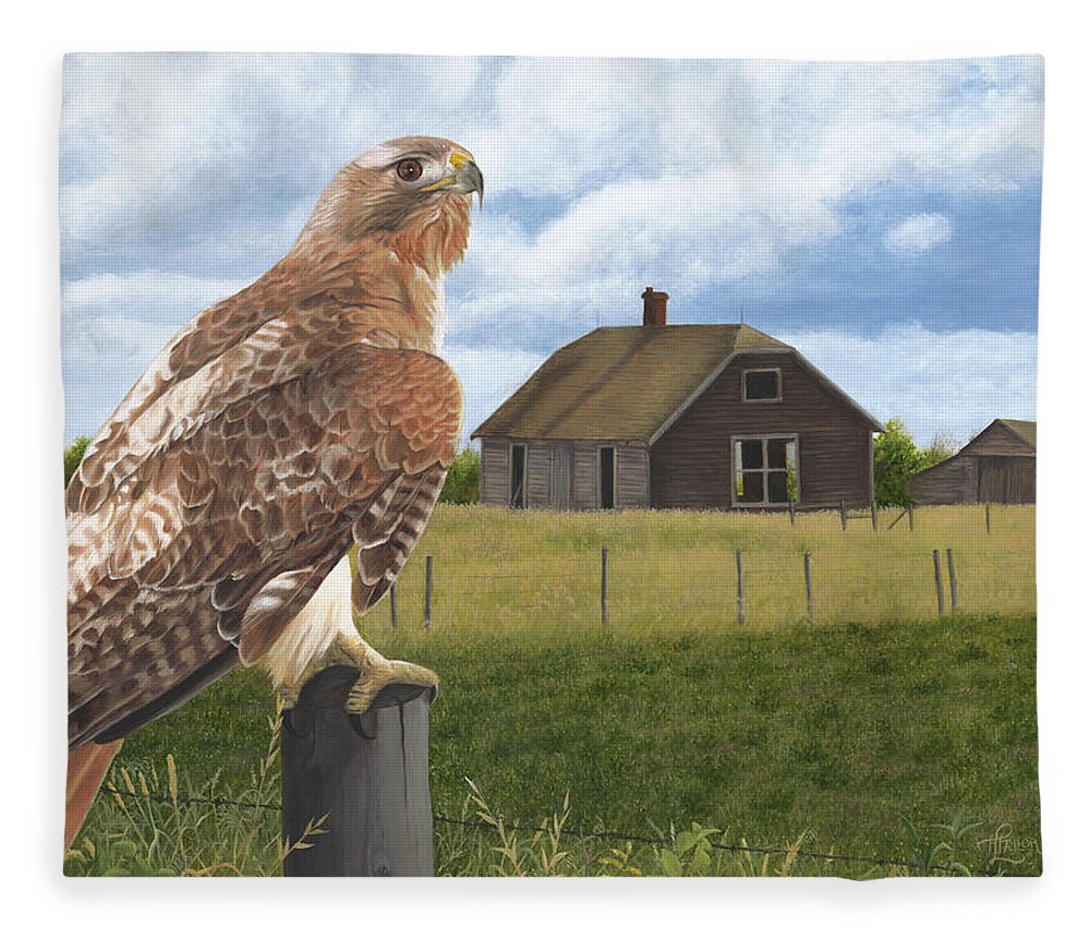 Red Tailed Hawk Over Looking Old Homestead Fleece Blanket featuring the painting The Grounds Keeper by Tammy Taylor